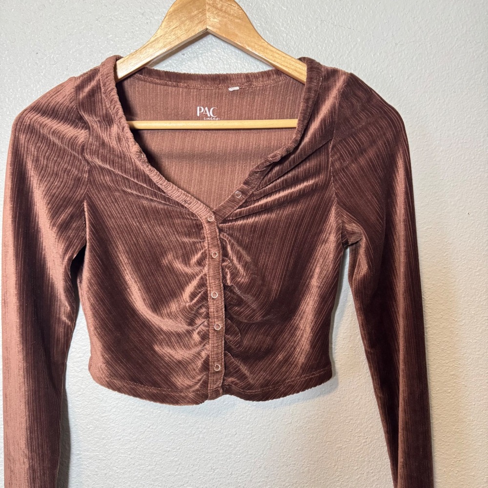 PAC Cares Brown Ribbed Velvet Ruched Button Up Cropped Top Small